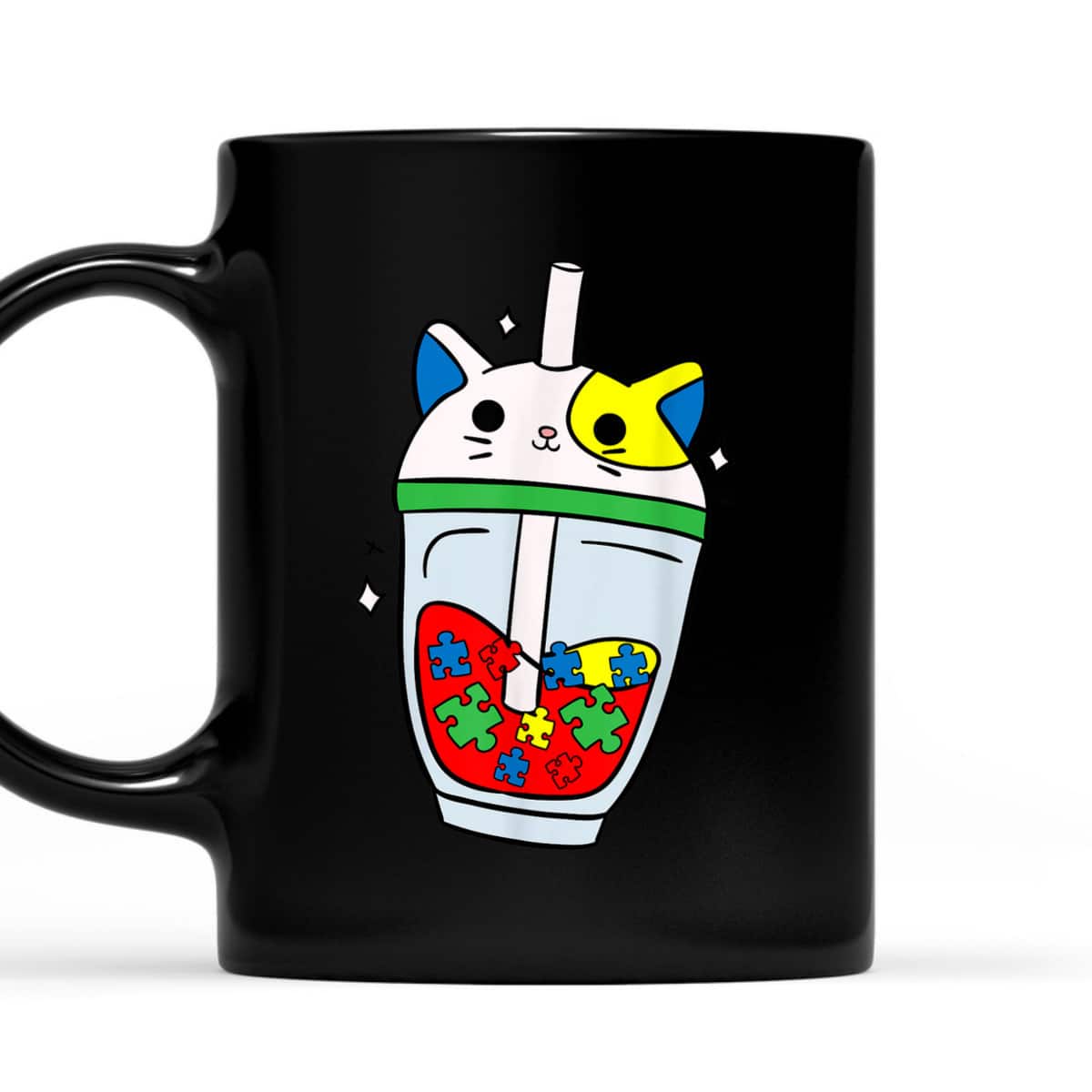Cat Bubble Tea Autism Awareness Cute Puzzle Piece T-Shirt