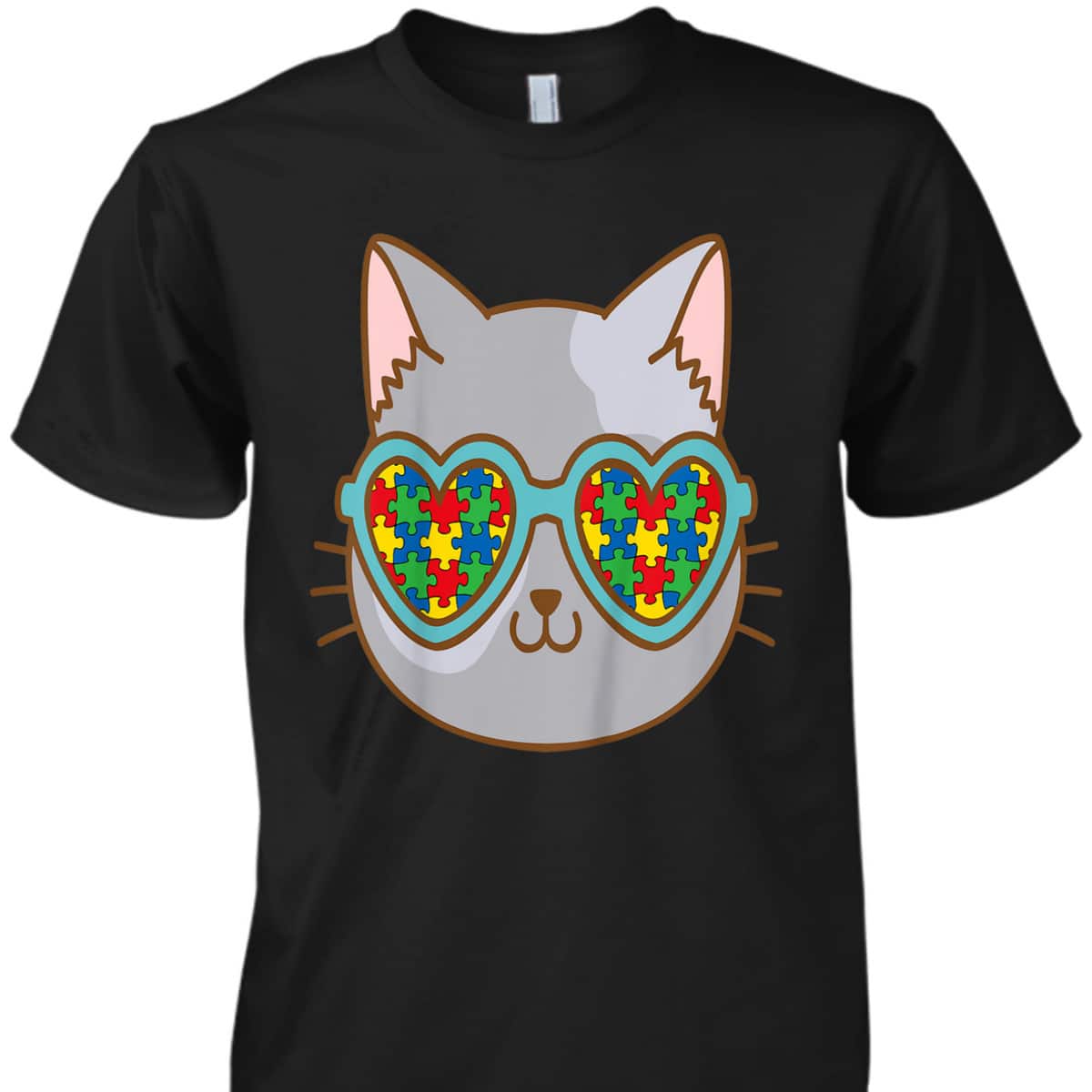 Kids Cat With Sunglasses Autism Awareness Kitten Puzzle Piece T-Shirt