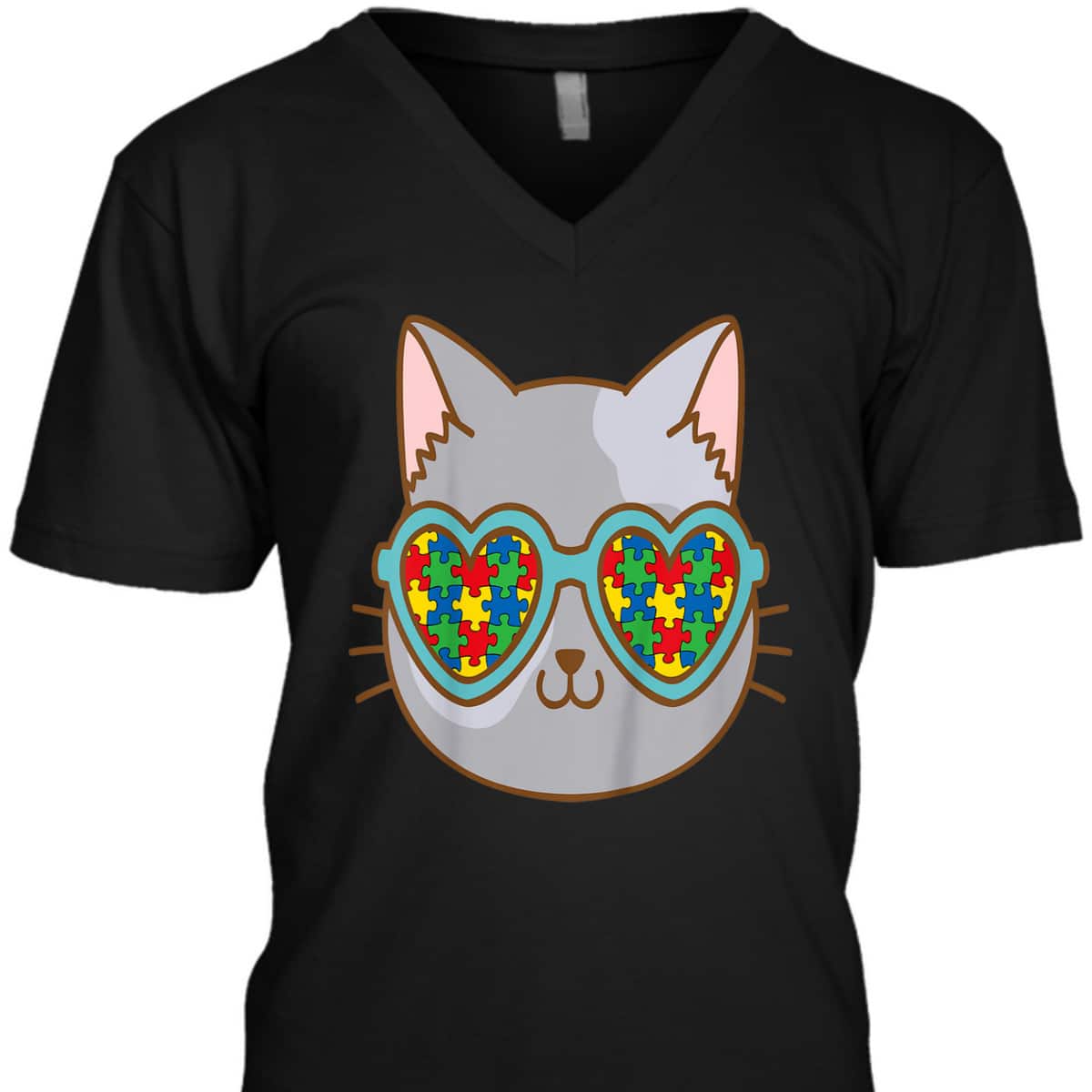 Kids Cat With Sunglasses Autism Awareness Kitten Puzzle Piece T-Shirt