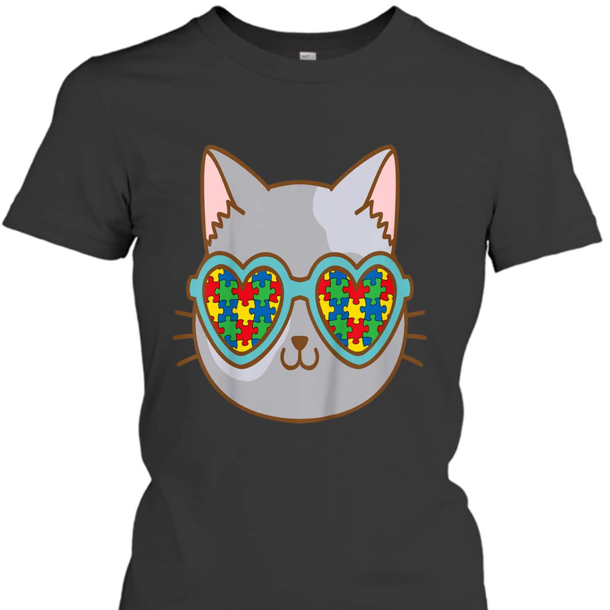 Kids Cat With Sunglasses Autism Awareness Kitten Puzzle Piece T-Shirt