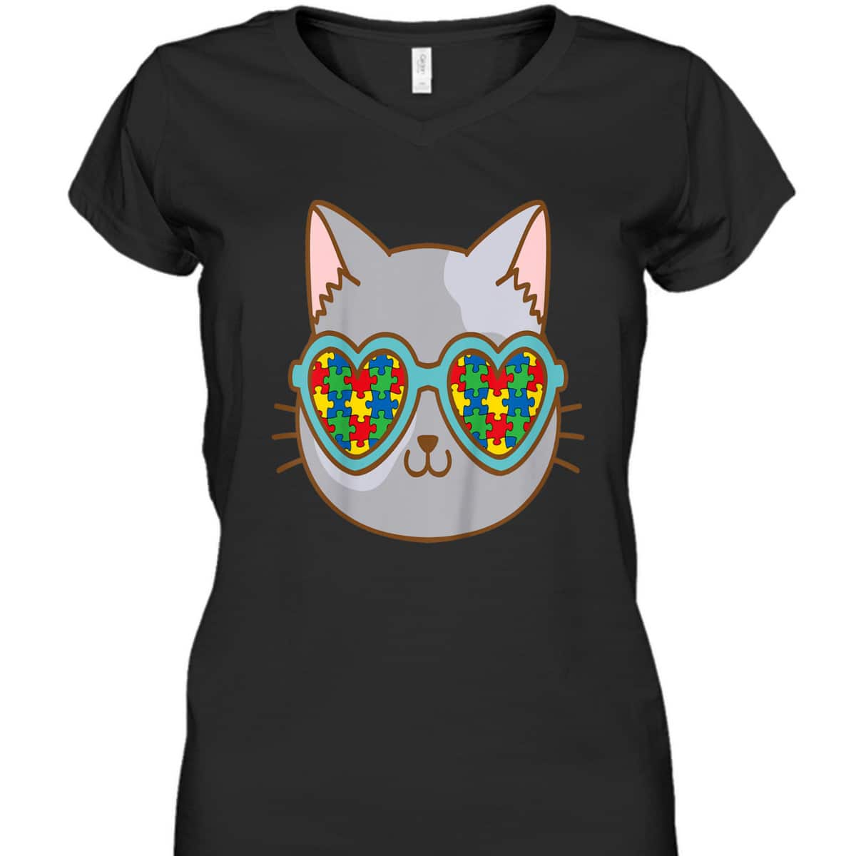 Kids Cat With Sunglasses Autism Awareness Kitten Puzzle Piece T-Shirt