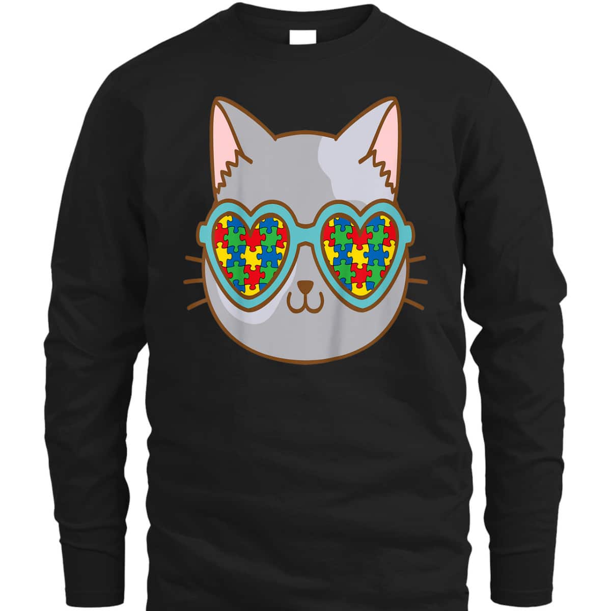 Kids Cat With Sunglasses Autism Awareness Kitten Puzzle Piece T-Shirt