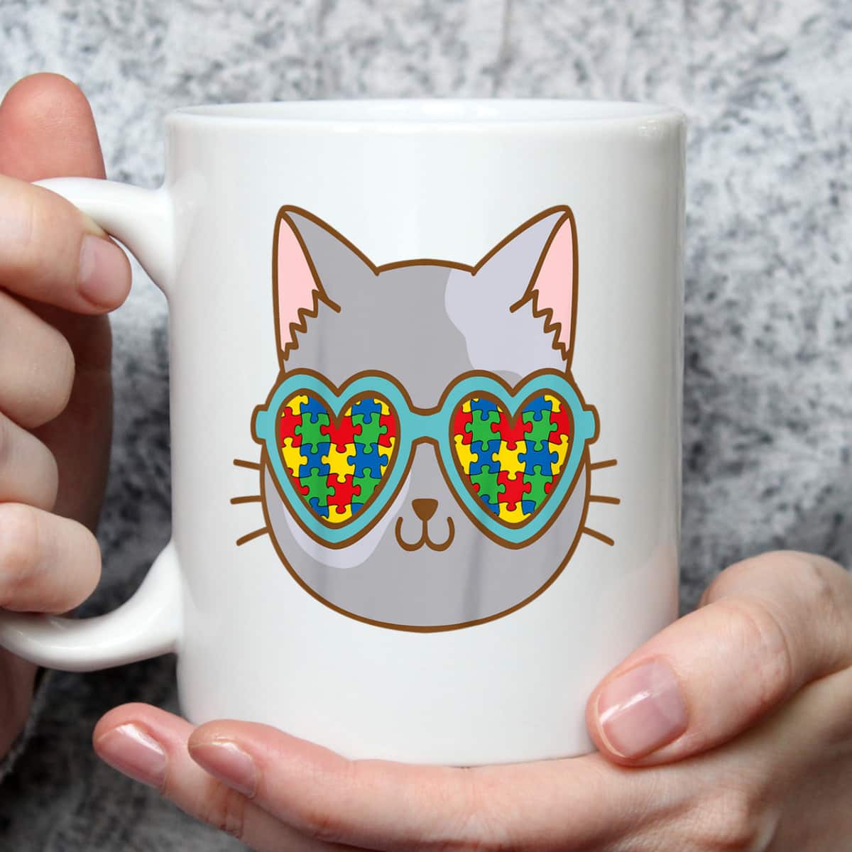 Kids Cat With Sunglasses Autism Awareness Kitten Puzzle Piece T-Shirt