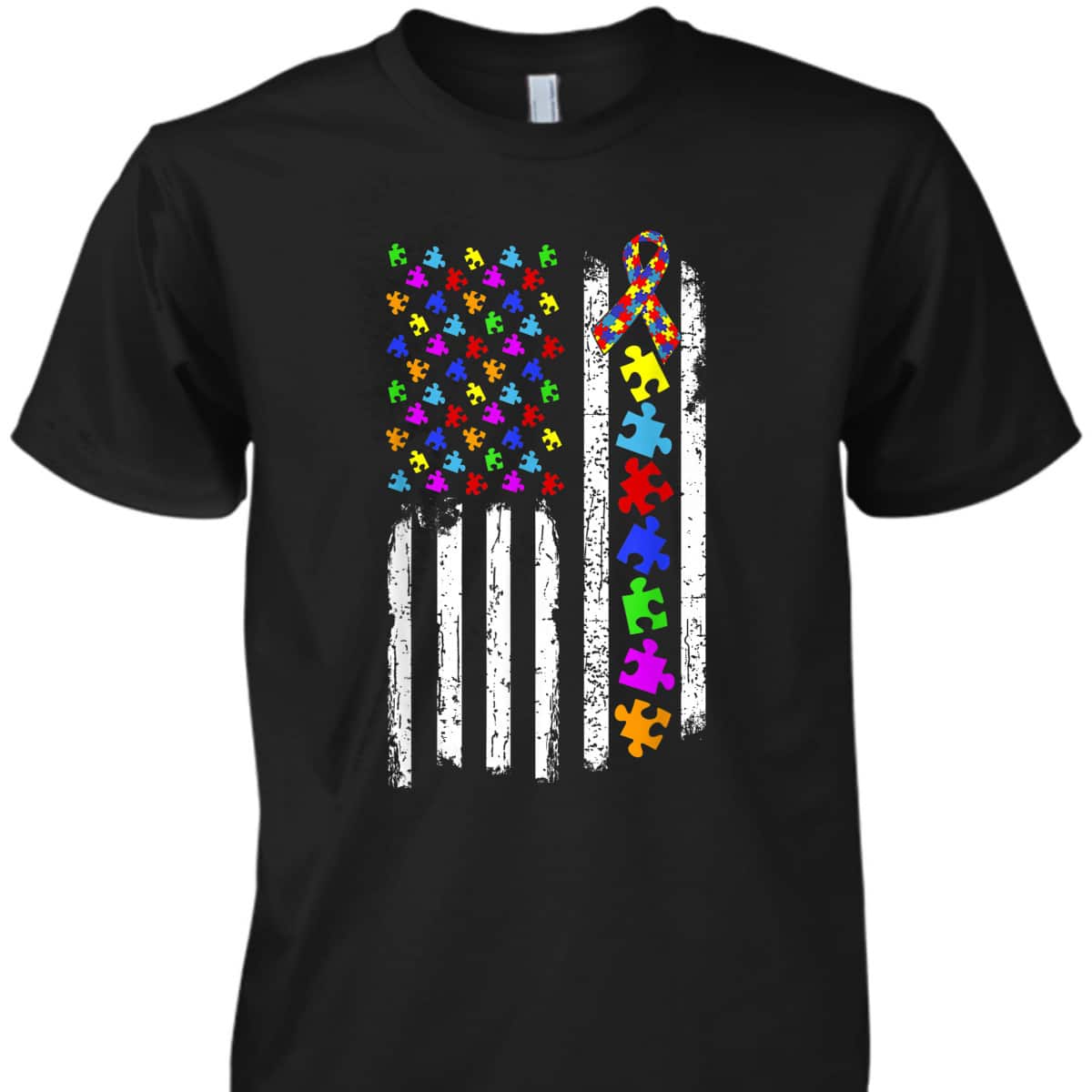 Autism Awareness Puzzle Flag Of The United States Of America T-Shirt