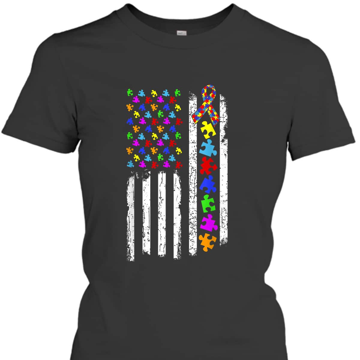 Autism Awareness Puzzle Flag Of The United States Of America T-Shirt