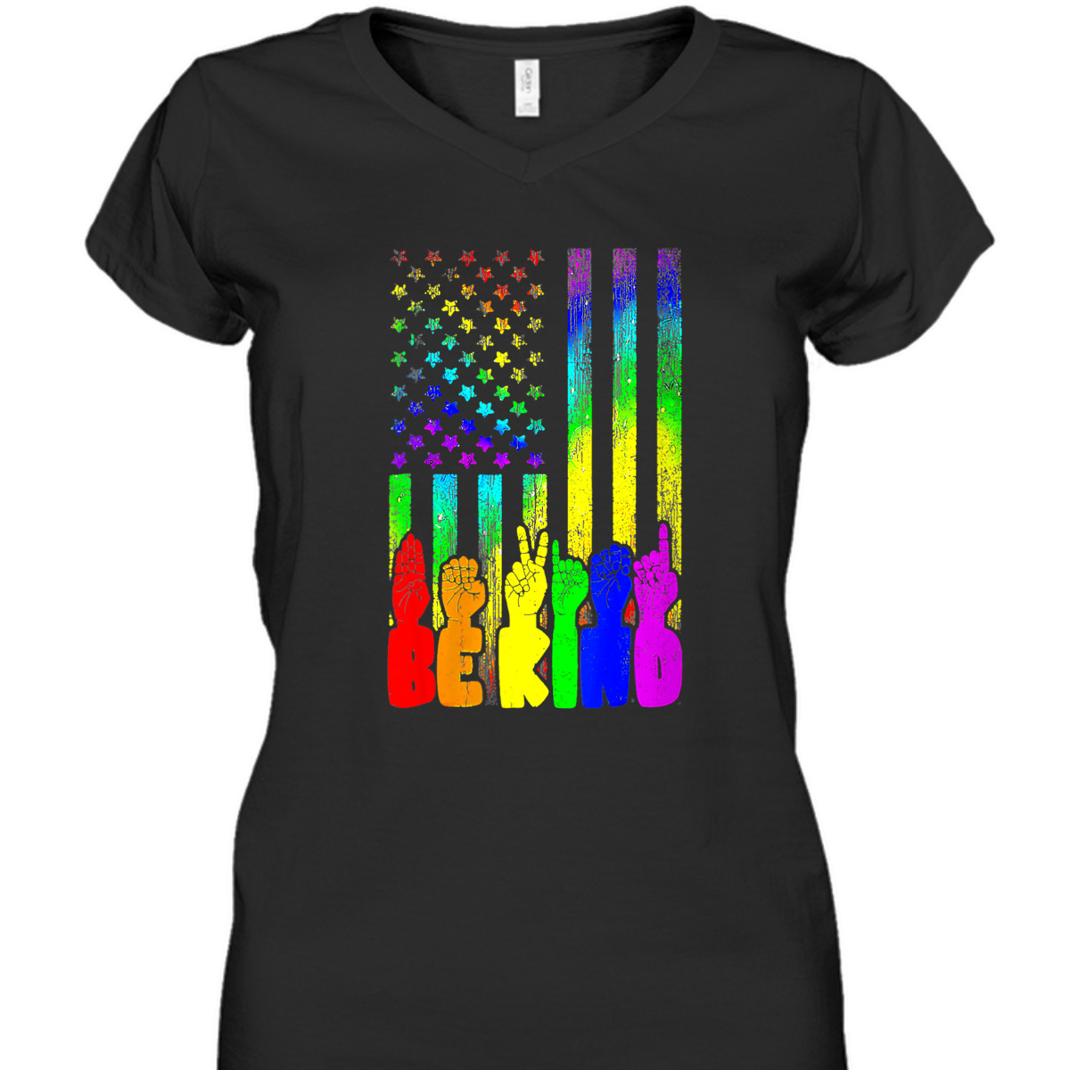 Womens Be Kind Sign Language Hand Us Flag LGBT Gay Lesbian Pride T-Shirt