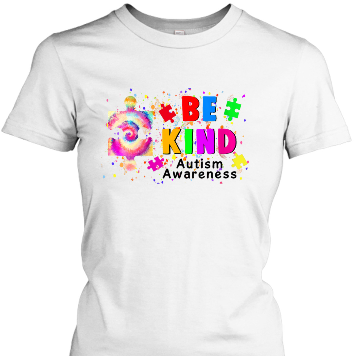 Womens Be Kind Autism Awareness Puzzle Tie Dye Autism Awareness T-Shirt