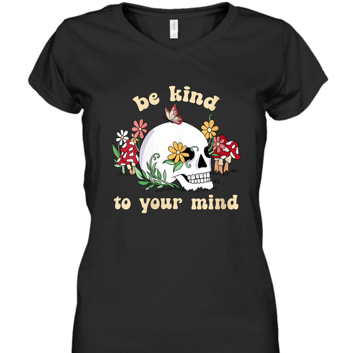 Womens Be Kind To Your Mind Retro Floral Skull Mental Health Matter T-Shirt