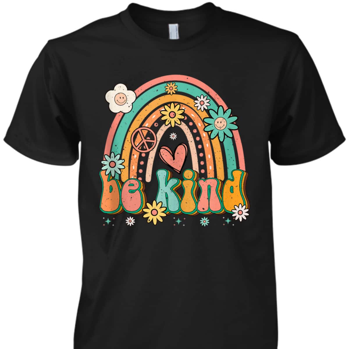 Be Kind Rainbow Retro Groovy Flowers Hearts Love Gardening T-Shirt