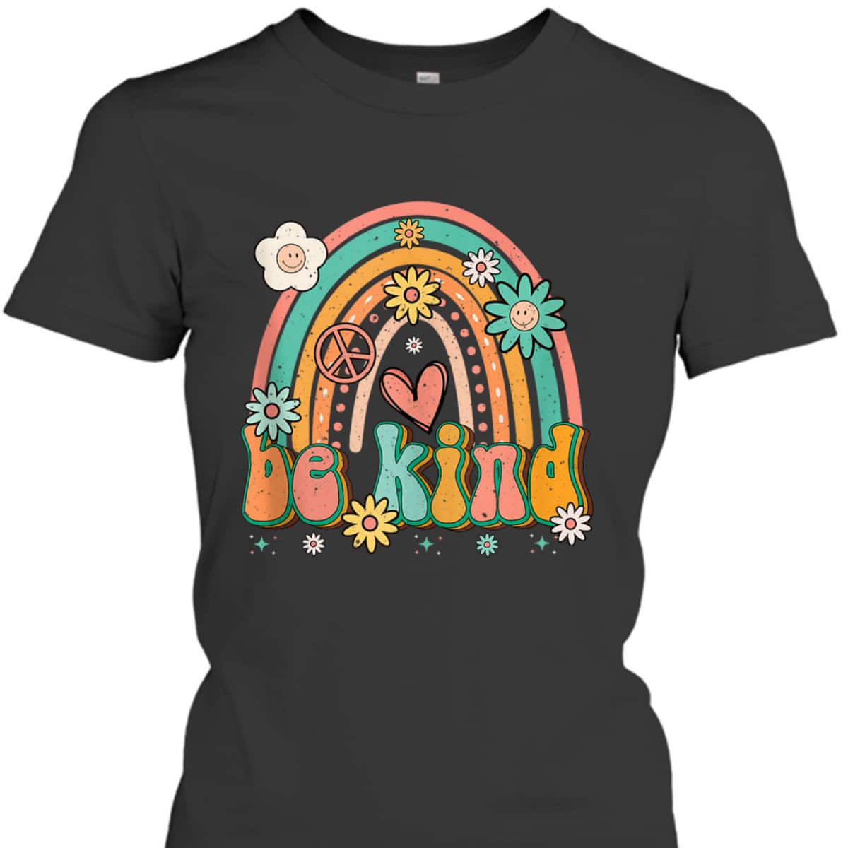 Be Kind Rainbow Retro Groovy Flowers Hearts Love Gardening T-Shirt