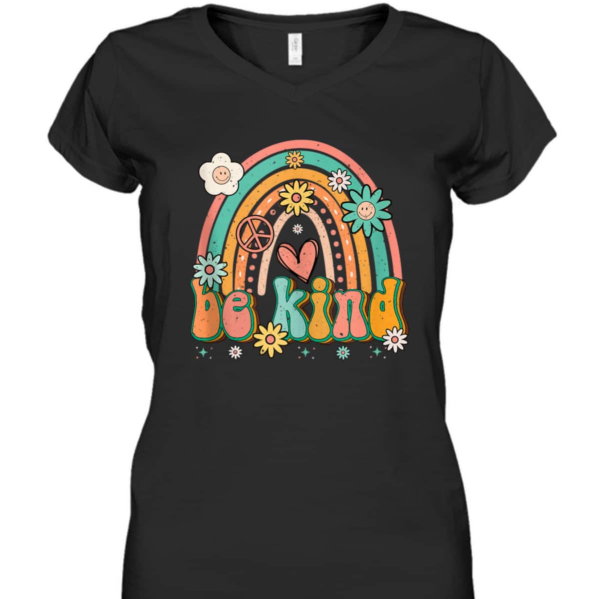 Be Kind Rainbow Retro Groovy Flowers Hearts Love Gardening T-Shirt