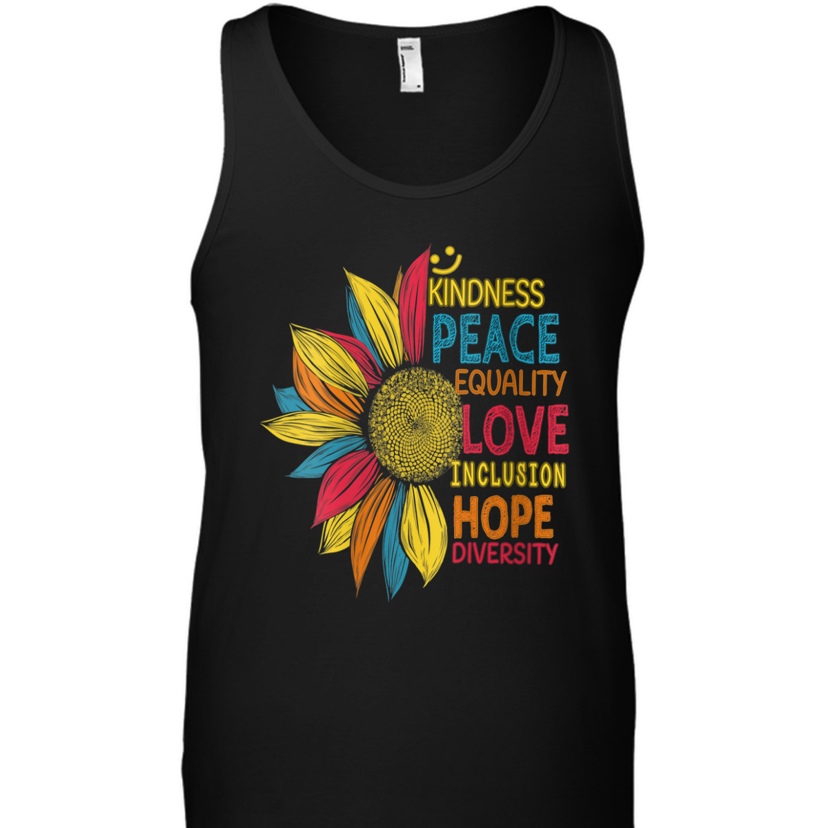 Womens Colorful Sunflower Peace Love Inclusion Equality Diversity T-Shirt