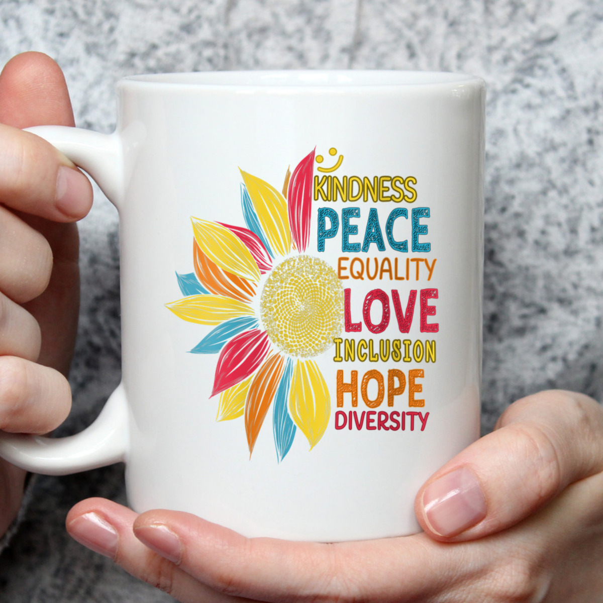 Womens Colorful Sunflower Peace Love Inclusion Equality Diversity T-Shirt