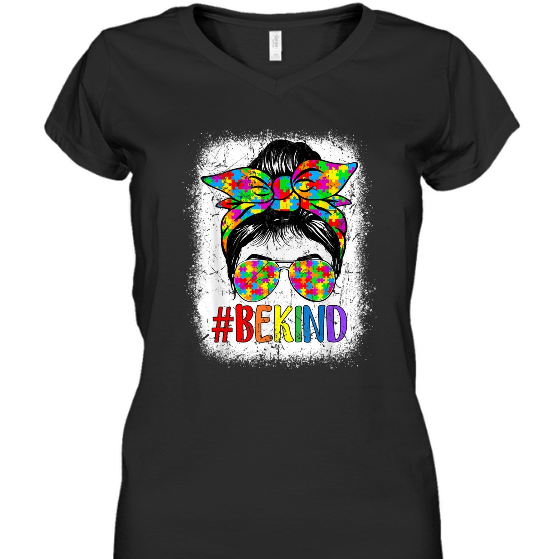 Be Kind Autism Awareness Puzzle Messy Bun Mom Bleached T-Shirt Be Kind Autism Awareness Puzzle Messy Bun Mom Bleached T-Shirt