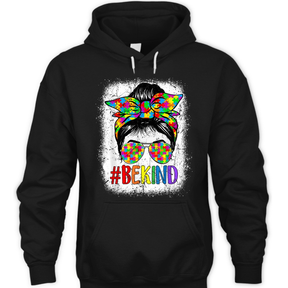 Be Kind Autism Awareness Puzzle Messy Bun Mom Bleached T-Shirt