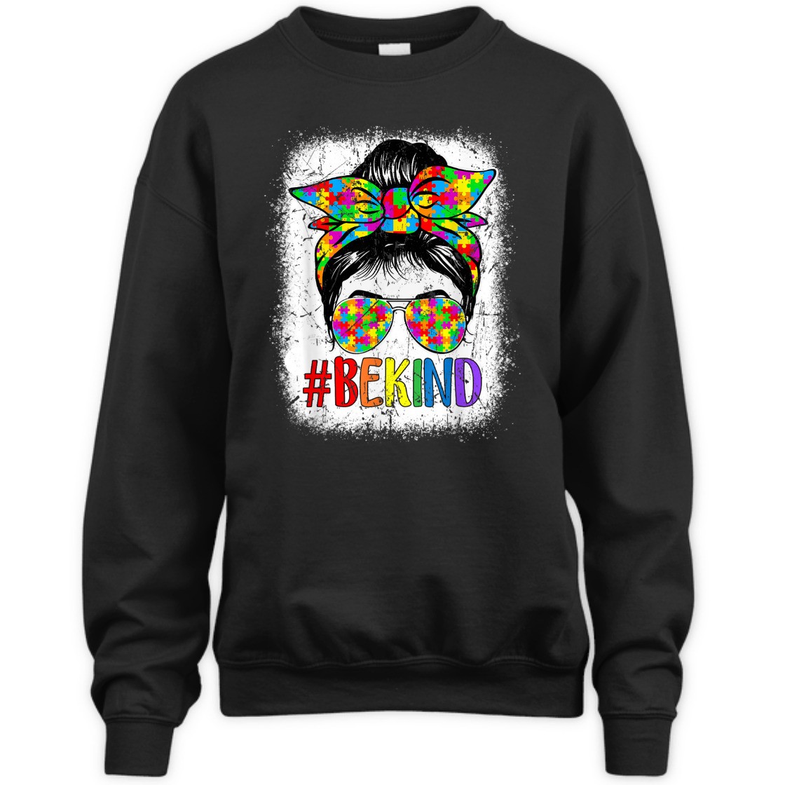 Be Kind Autism Awareness Puzzle Messy Bun Mom Bleached T-Shirt