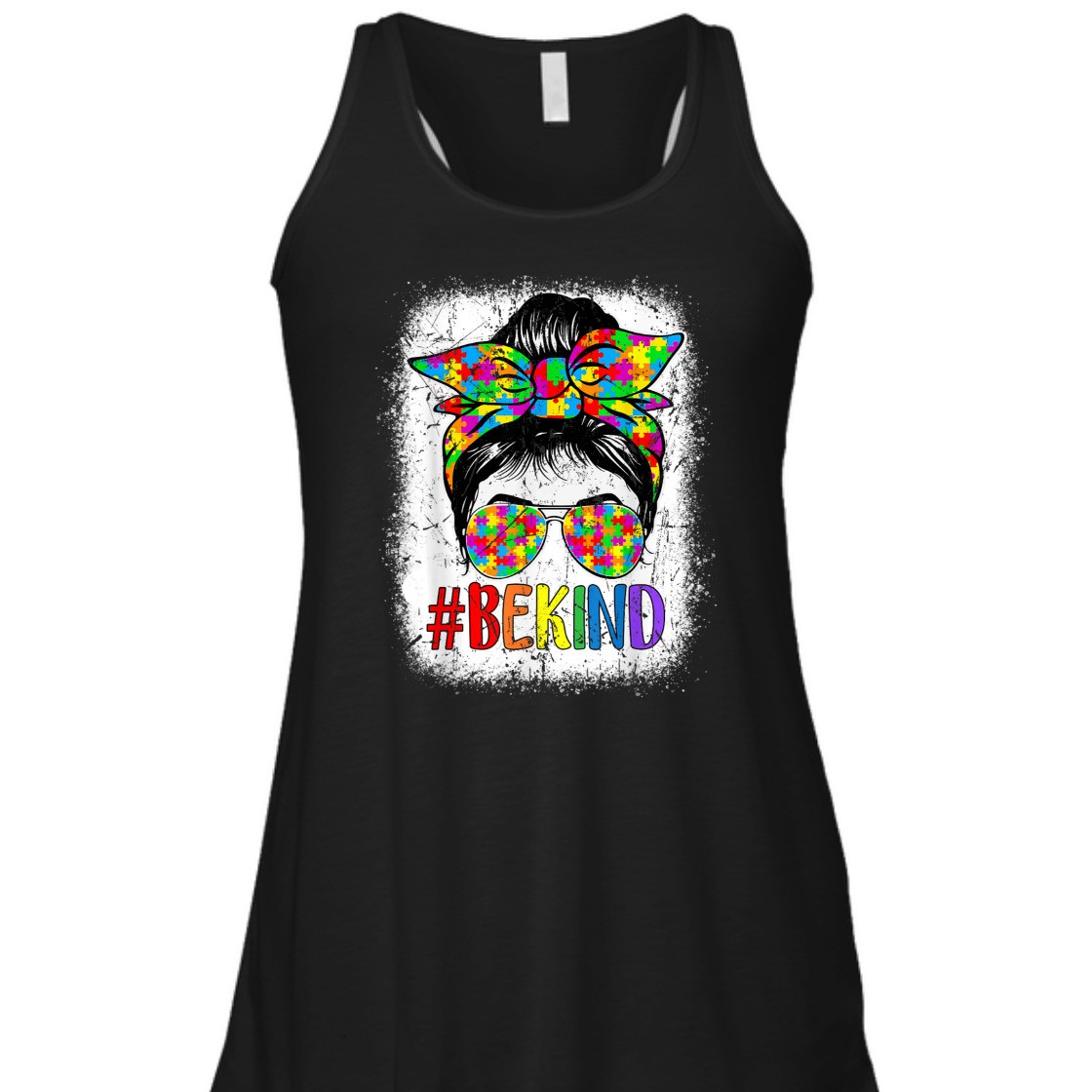 Be Kind Autism Awareness Puzzle Messy Bun Mom Bleached T-Shirt