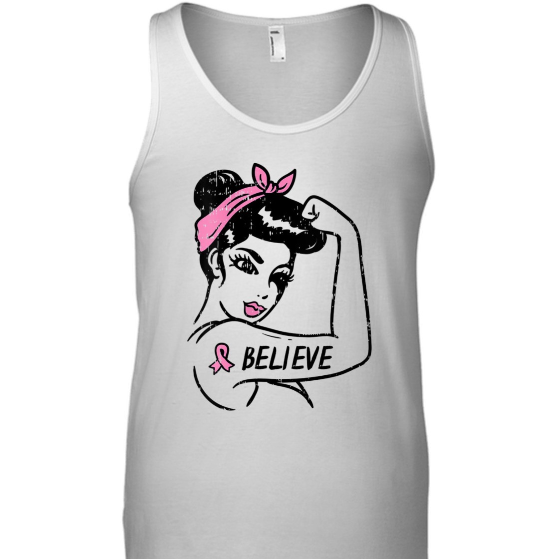 Strong Women Rosie Riveter Believe Pink Ribbon Breast Cancer Awareness T-Shirt