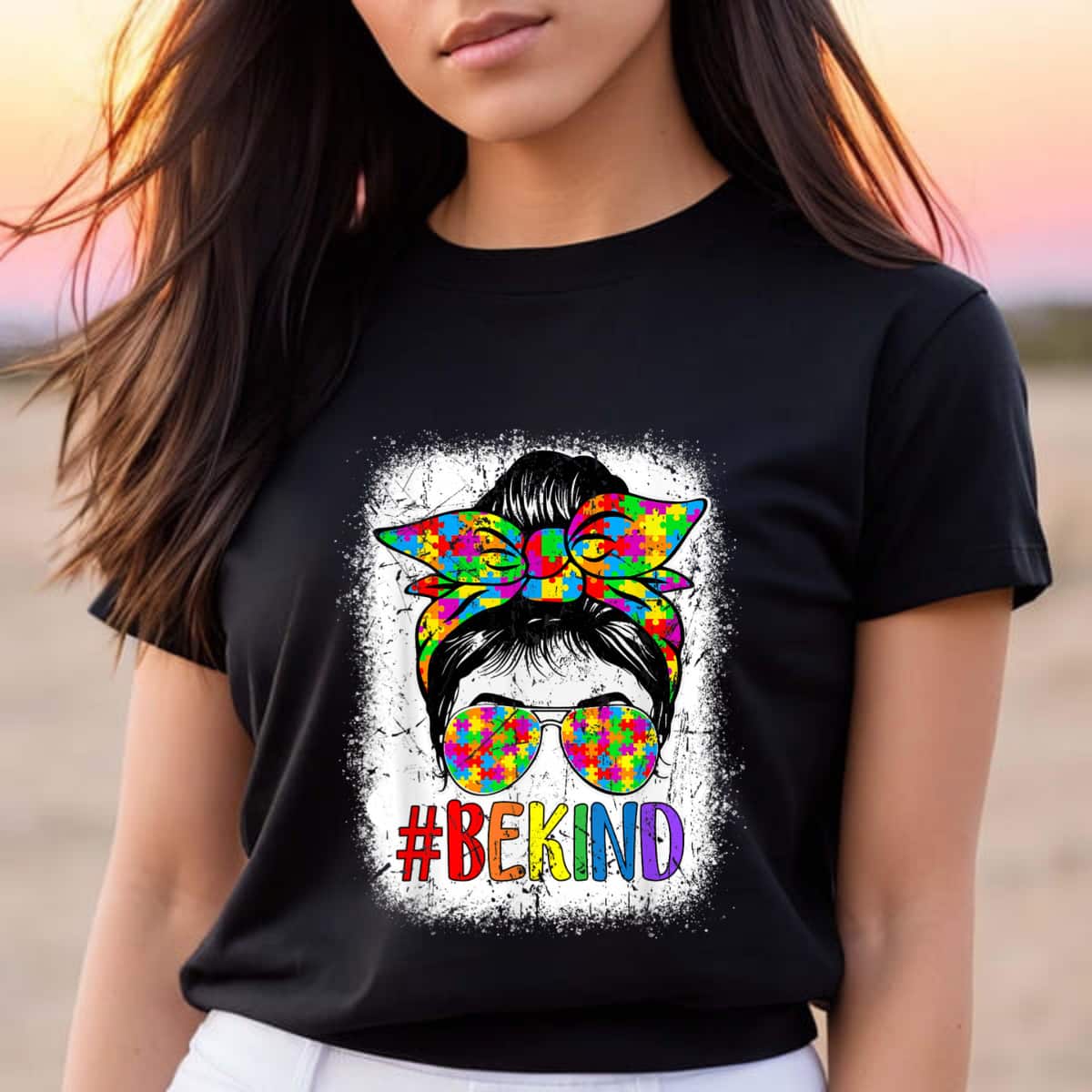 Be Kind Autism Awareness Puzzle Messy Bun Mom Bleached T-Shirt Be Kind Autism Awareness Puzzle Messy Bun Mom Bleached T-Shirt