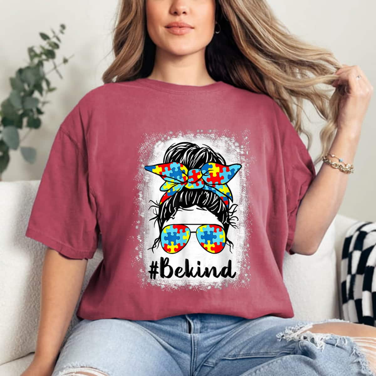 Be Kind Autism Awareness Messy Bun Mom Girl Teacher T-Shirt Be Kind Autism Awareness Messy Bun Mom Girl Teacher T-Shirt