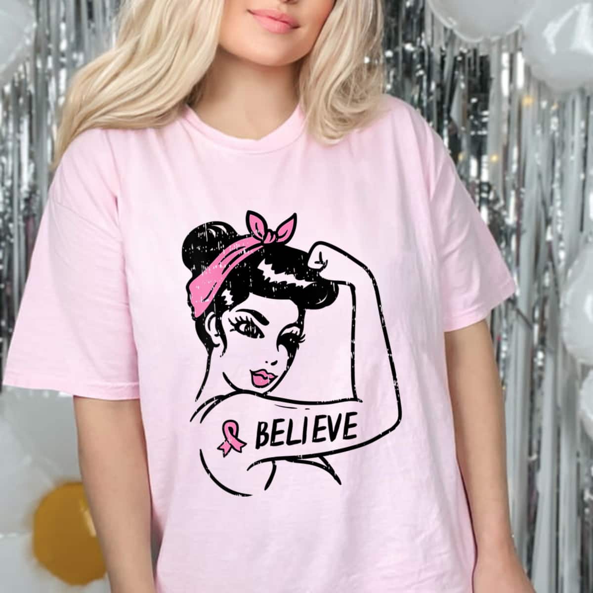 Strong Women Rosie Riveter Believe Pink Ribbon Breast Cancer Awareness T-Shirt Strong Women Rosie Riveter Believe Pink Ribbon Breast Cancer Awareness T-Shirt