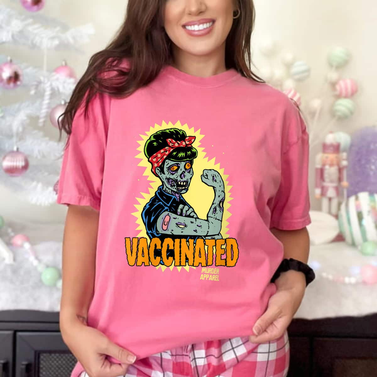 Womens Vaccinated Zombie Rosie Girl Power Feminist Goth Retro T-Shirt Womens Vaccinated Zombie Rosie Girl Power Feminist Goth Retro T-Shirt