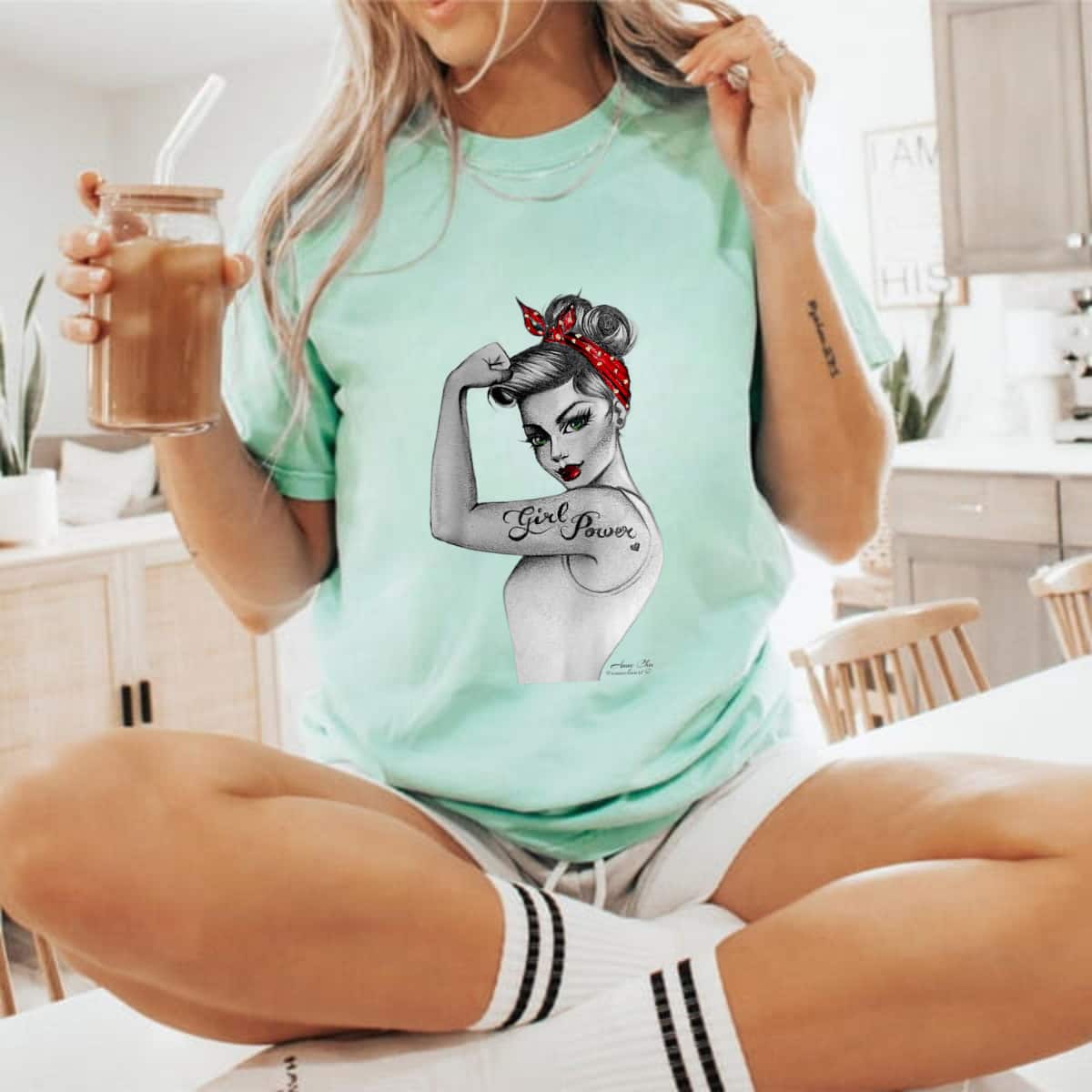 Girl Power Modern Rosie Pin Up Retro Art By Anne Cha Womens T-Shirt Girl Power Modern Rosie Pin Up Retro Art By Anne Cha Womens T-Shirt