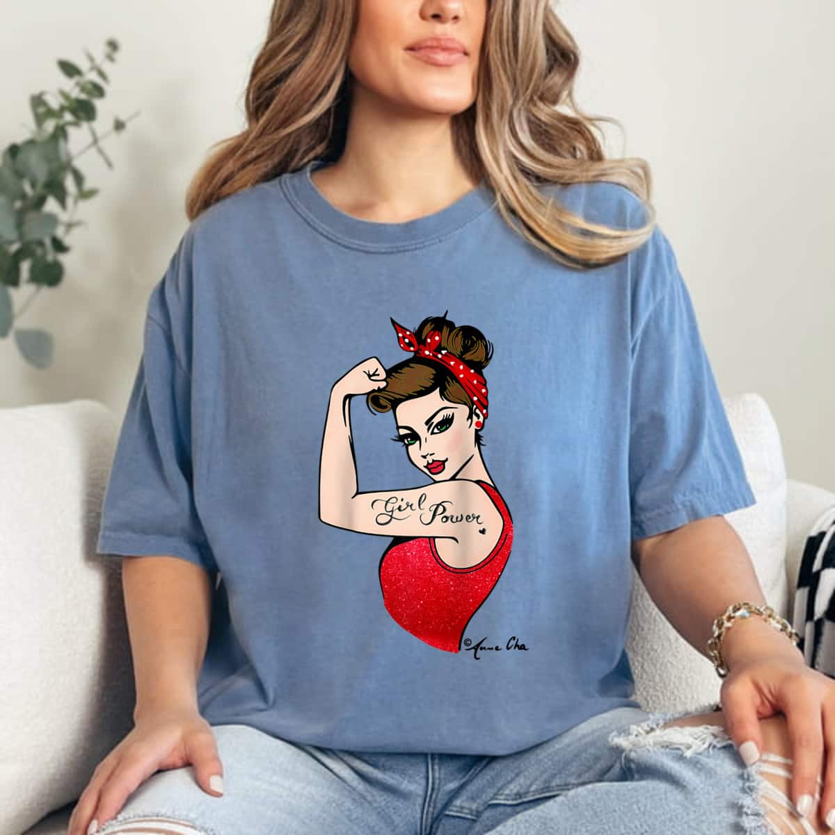 Red Girl Power Art By Anne Cha Pinup Inked Feminist Vintage T-Shirt Red Girl Power Art By Anne Cha Pinup Inked Feminist Vintage T-Shirt