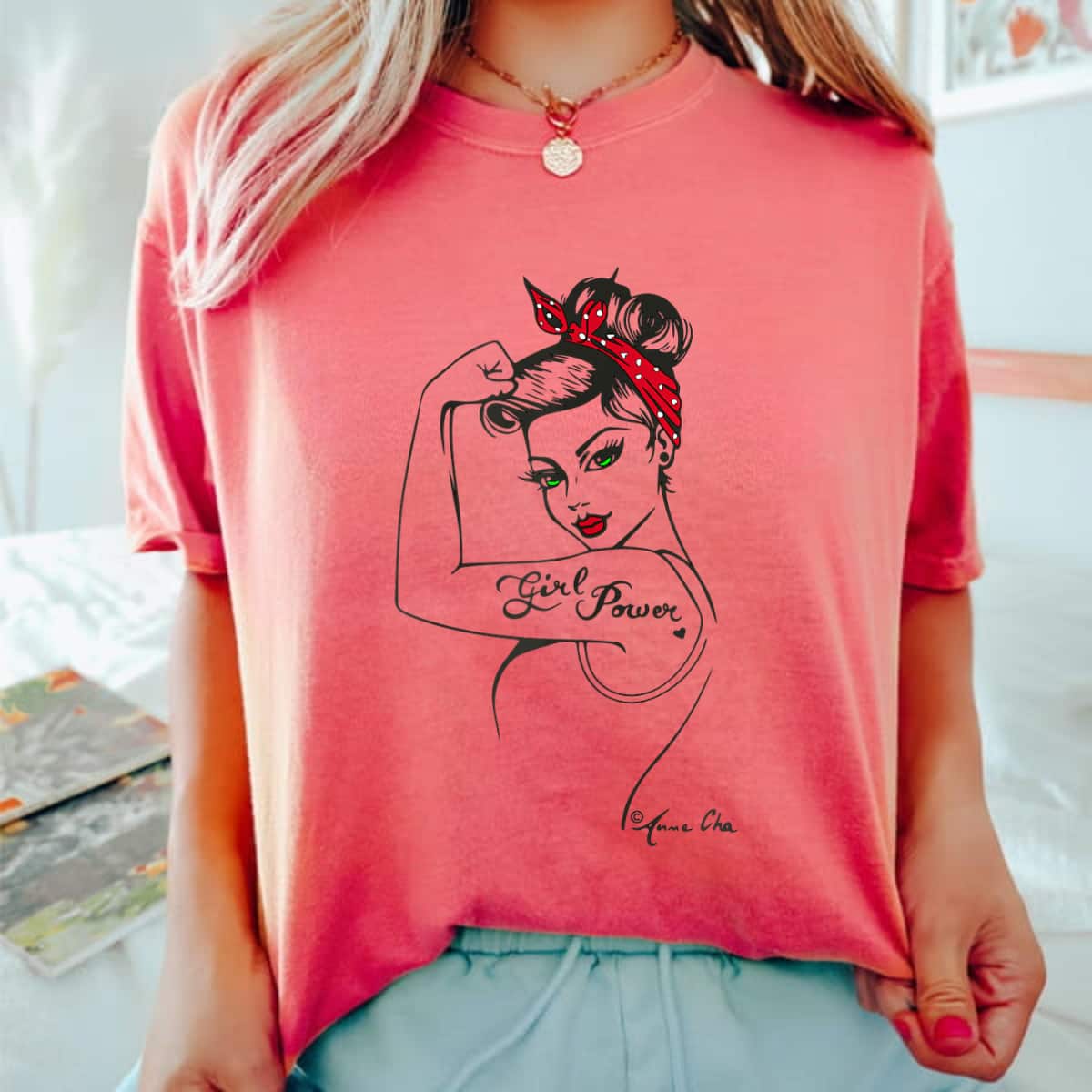 Womens Girl Power Pin Up Art Vintage Retro Style Feminist Icon Red T-Shirt Womens Girl Power Pin Up Art Vintage Retro Style Feminist Icon Red T-Shirt