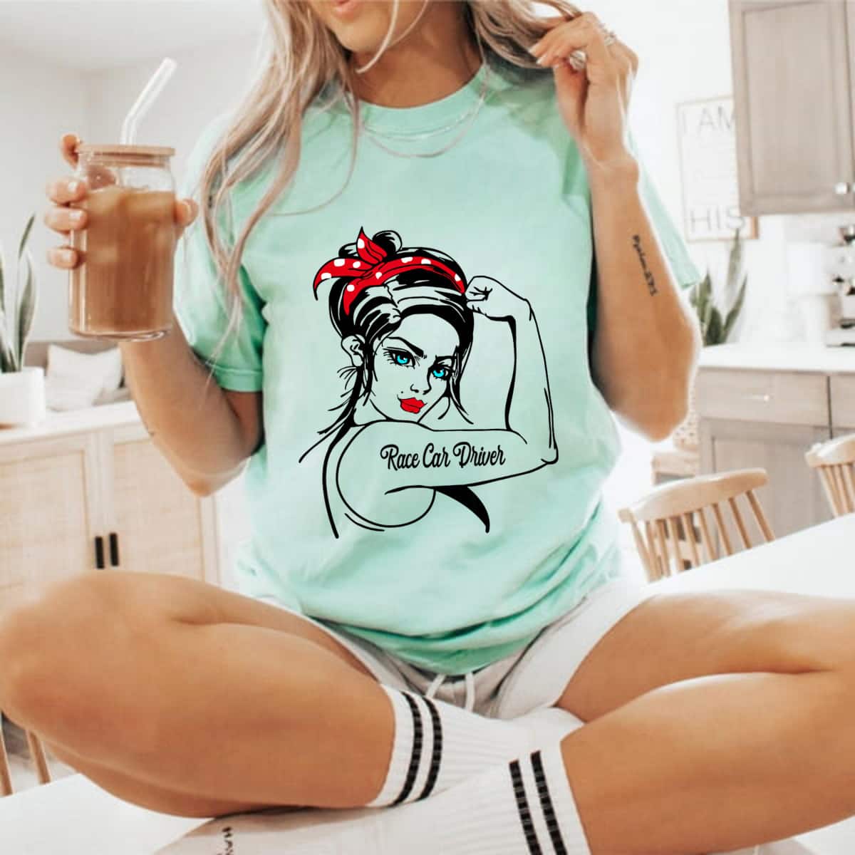 Female Race Car Driver Rosie The Riveter Pin Up Girl T-Shirt Female Race Car Driver Rosie The Riveter Pin Up Girl T-Shirt