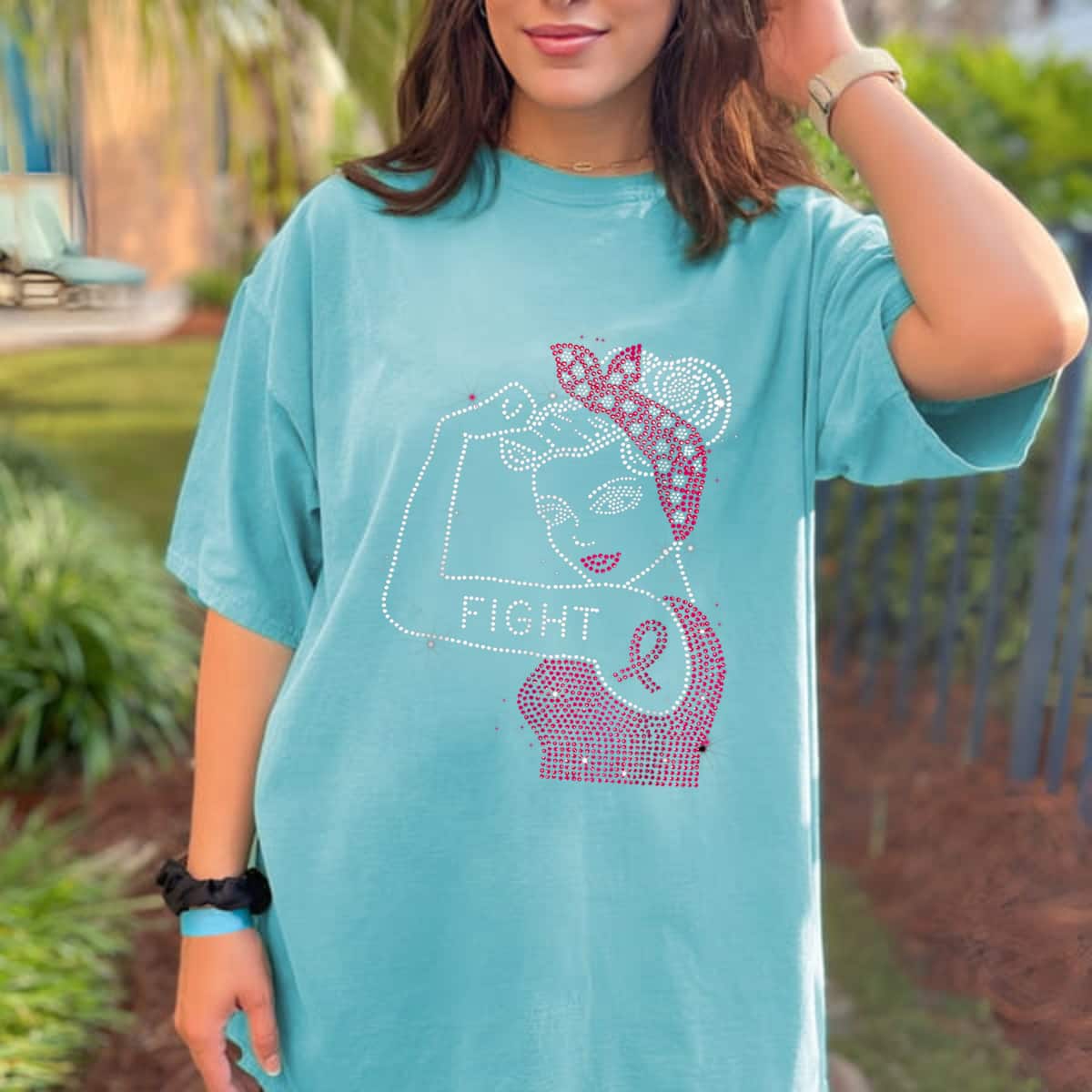Fight Rosie The Riveter Rhinestone Breast Cancer Awareness T-Shirt Fight Rosie The Riveter Rhinestone Breast Cancer Awareness T-Shirt