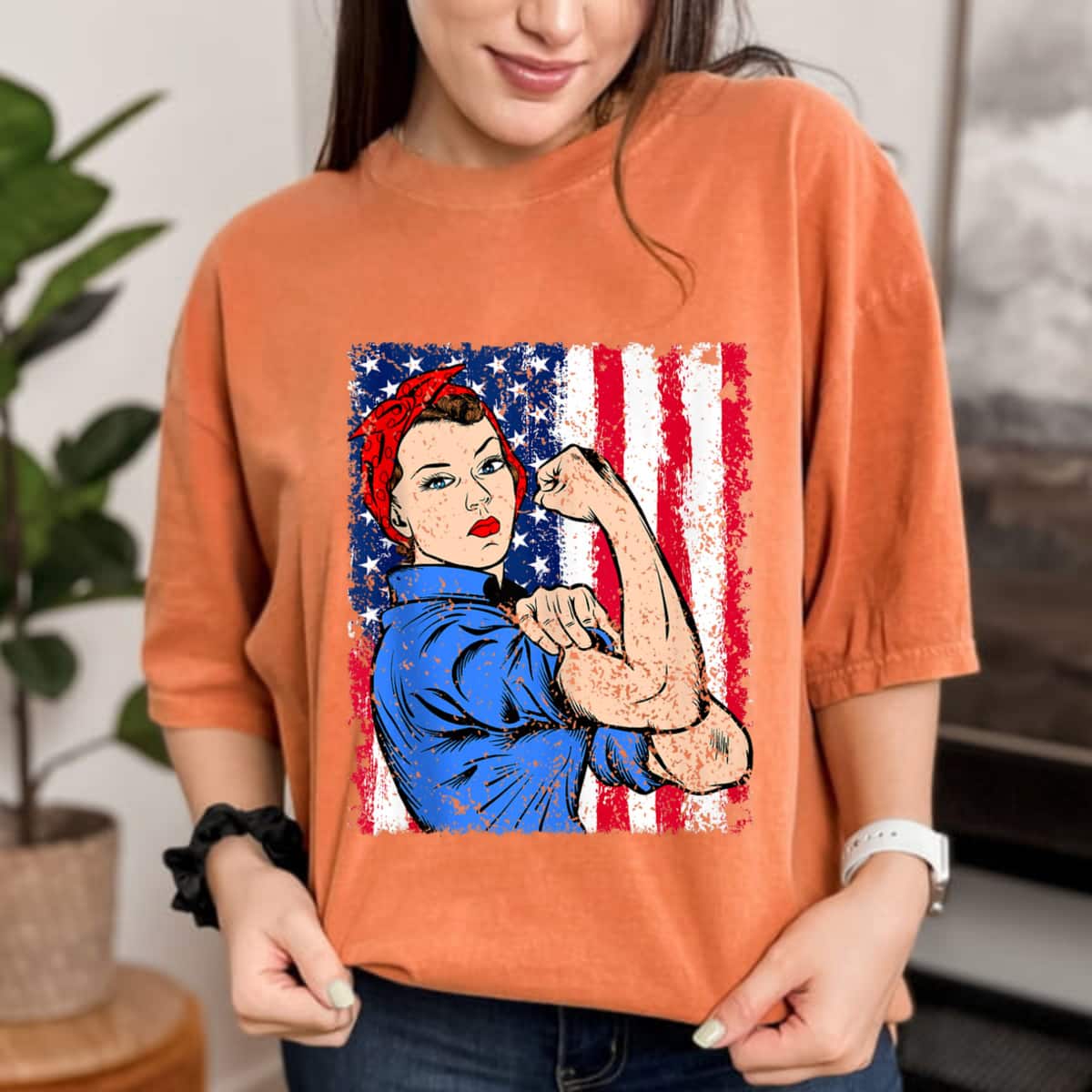 Rosie The Riveter Feminist Patriotic USA Flag 4th Of July T-Shirt Rosie The Riveter Feminist Patriotic USA Flag 4th Of July T-Shirt