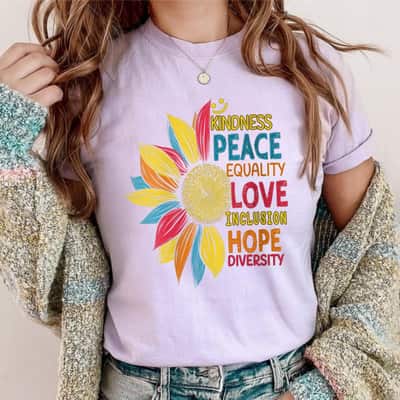 Womens Colorful Sunflower Peace Love Inclusion Equality Diversity T-Shirt