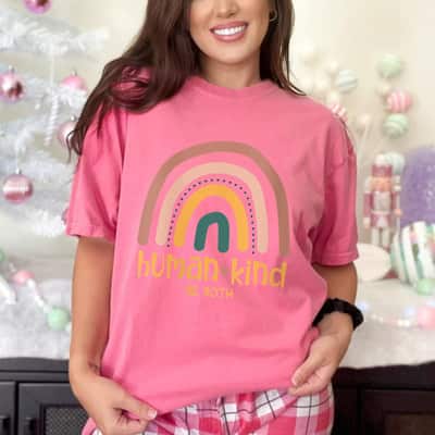Womens Human Kind Be Both Equality Kindness Humankind Retro Rainbow T-Shirt