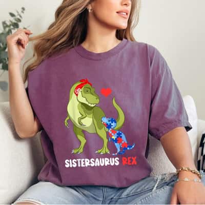 Sistersaurus Rex Sister Autism Awareness Dinosaur Puzzle T-Shirt