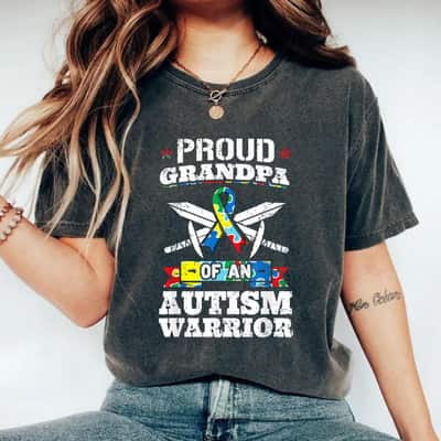 Proud Grandpa Of An Autism Warrior Autistic Awareness Ribbon T-Shirt