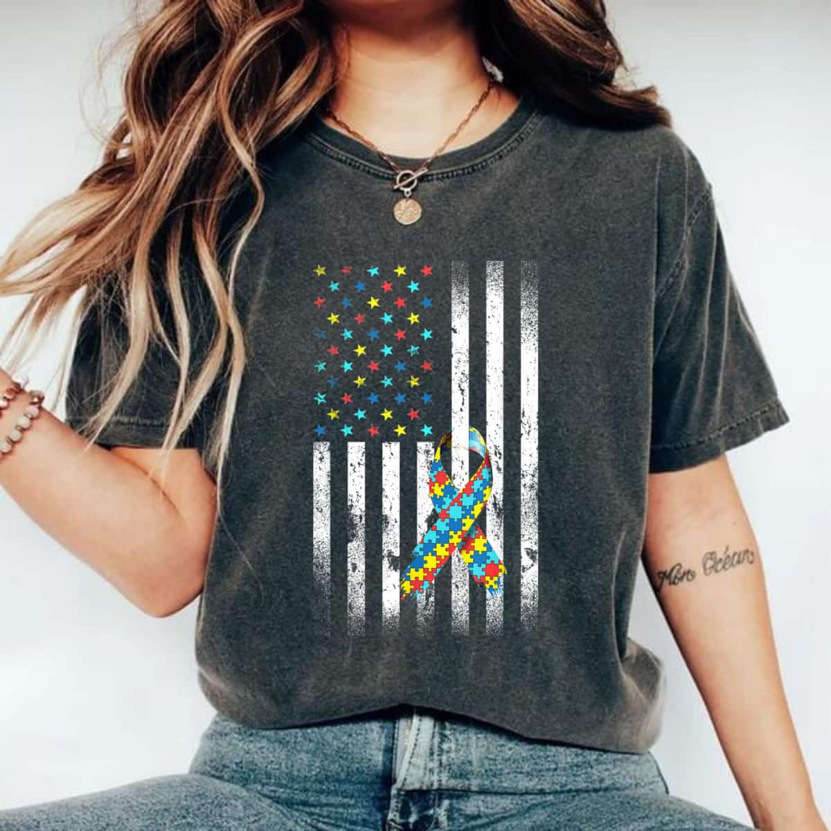 Autism Awareness Distressed American Flag Puzzle Ribbon T-Shirt Autism Awareness Distressed American Flag Puzzle Ribbon T-Shirt