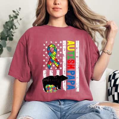 Papa Bear Matching Family Autism Awareness Gifts US Flag T-Shirt