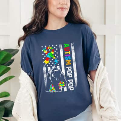 Retro Distressed American Flag Autism Pop Pop Bear Family T-Shirt
