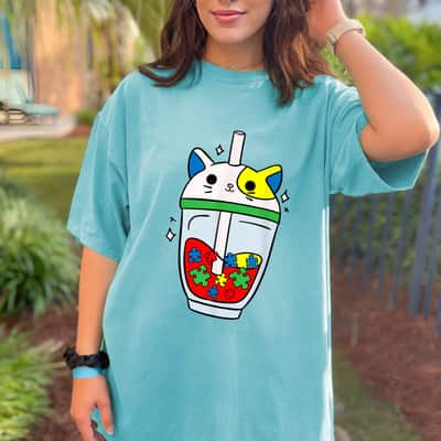 Cat Bubble Tea Autism Awareness Cute Puzzle Piece T-Shirt