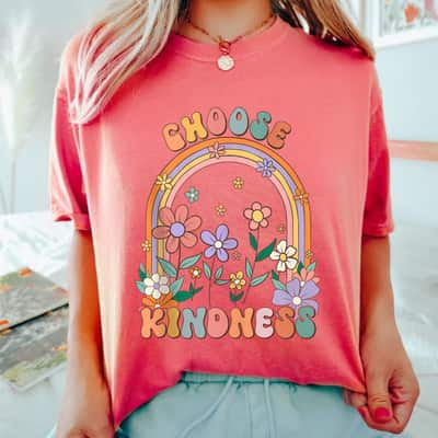 Choose Kindness Teacher Rainbow Wildflowers Retro Groovy 70s T-Shirt