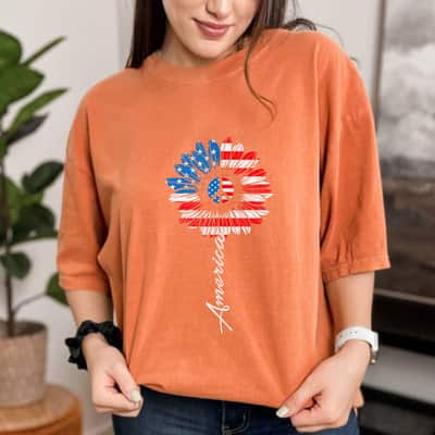 Flower Sunflower Be Kind American Flag 4th Of July Patriotic T-Shirt