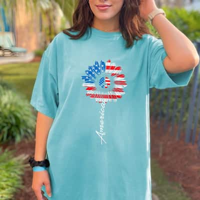 Flower Sunflower Be Kind American Flag 4th Of July Patriotic T-Shirt