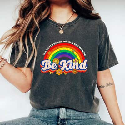 Retro Groovy Be Kind Pride LGBTQ Gay LGBT Ally Rainbow Flag T-Shirt