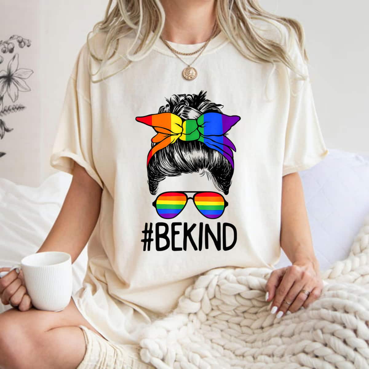 LGBTQ Be Kind Messy Bun Gay Pride LGBT Ally Rainbow Flag T-Shirt LGBTQ Be Kind Messy Bun Gay Pride LGBT Ally Rainbow Flag T-Shirt
