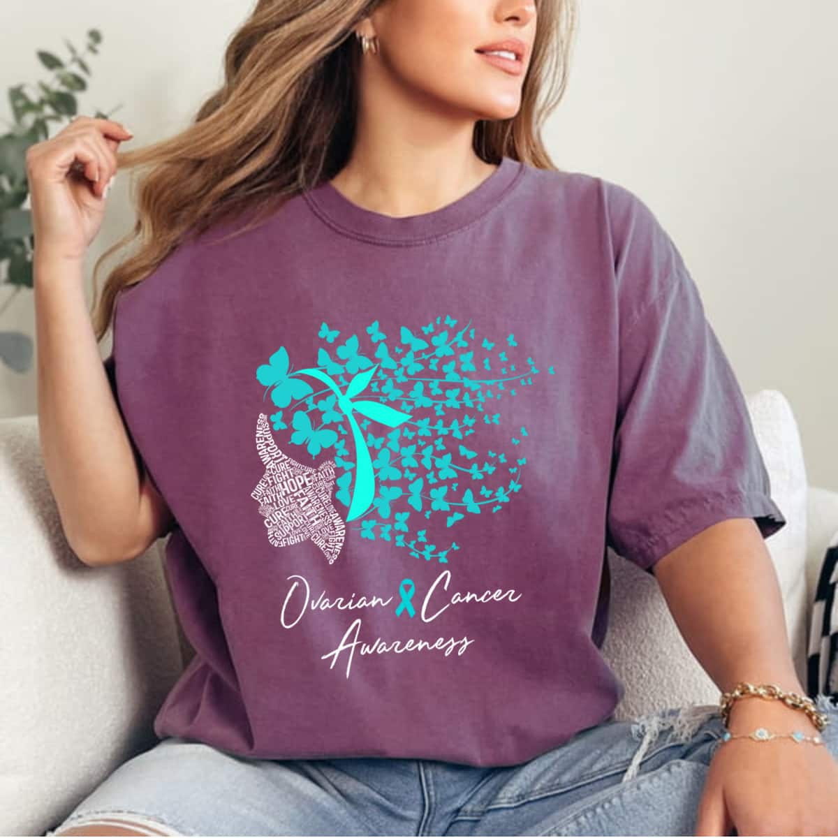Butterflies Ovarian Cancer Awareness Teal T-Shirt Butterflies Ovarian Cancer Awareness Teal T-Shirt