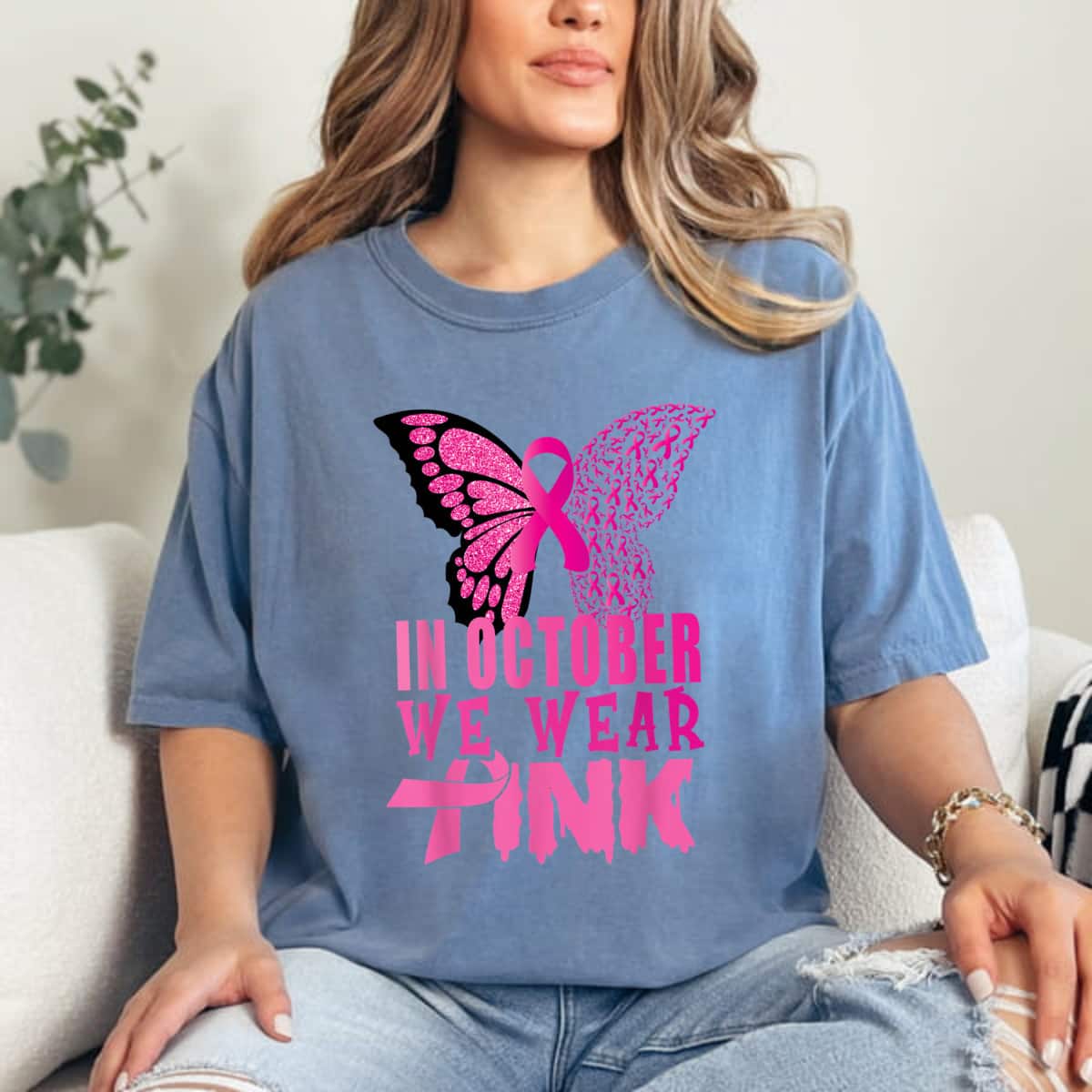 In October We Wear Butterfly Breast Cancer Awareness T-Shirt In October We Wear Butterfly Breast Cancer Awareness T-Shirt