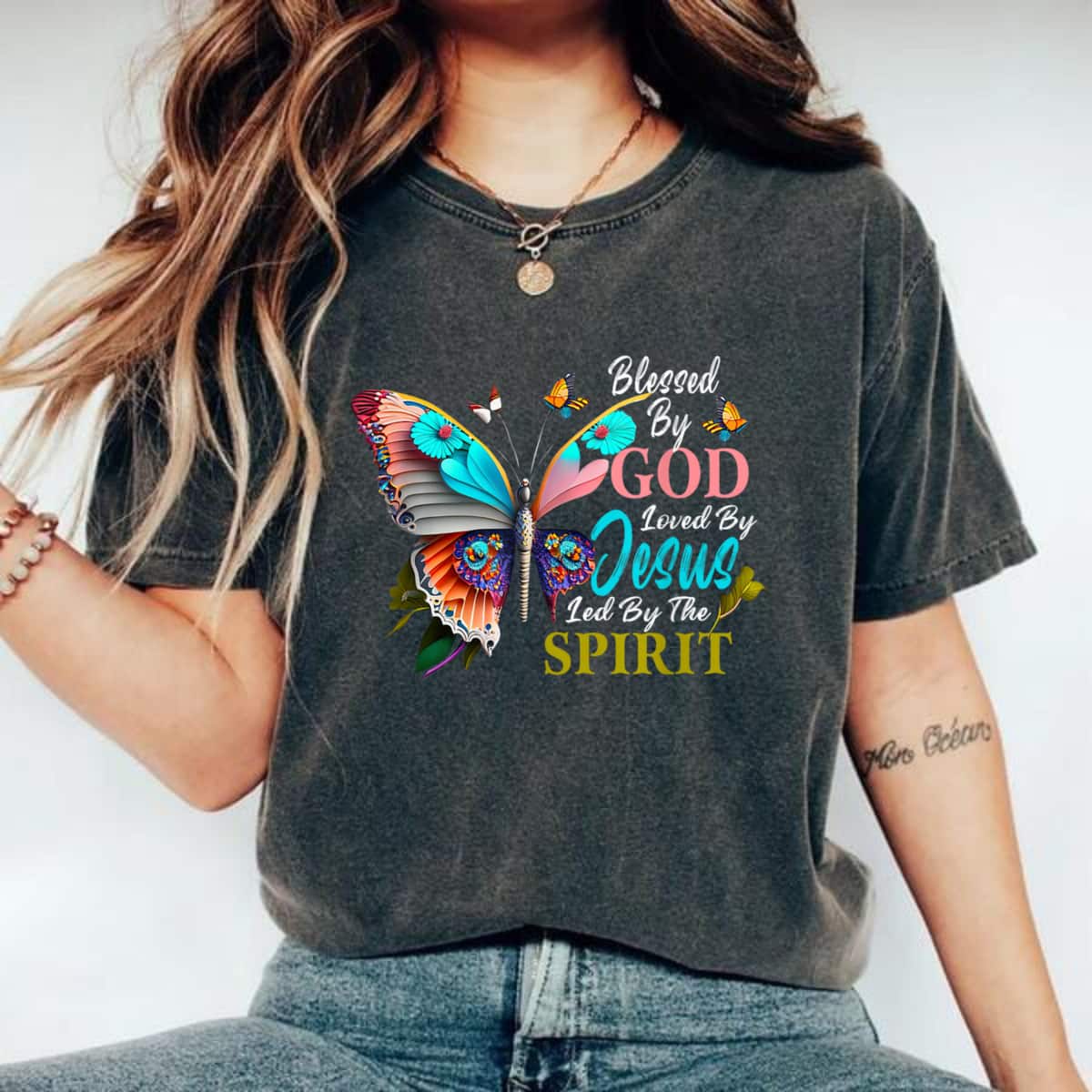 Blessed By God Loved By Jesus Floral Butterfly T-Shirt Blessed By God Loved By Jesus Floral Butterfly T-Shirt