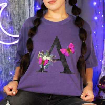 Initial A Letter Butterfly Floral T-Shirt