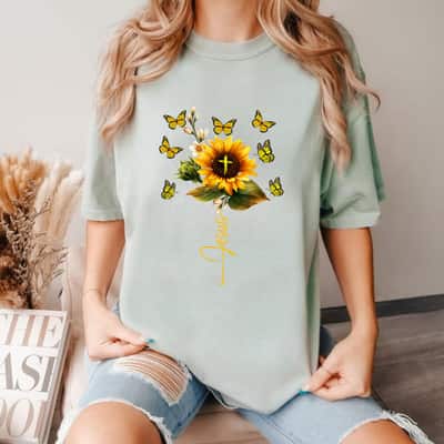 Sunflower Jesus Cross Butterflies Art T-Shirt